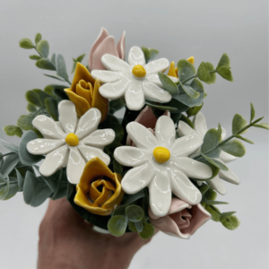 artifical grave flower pot tulip and daisy